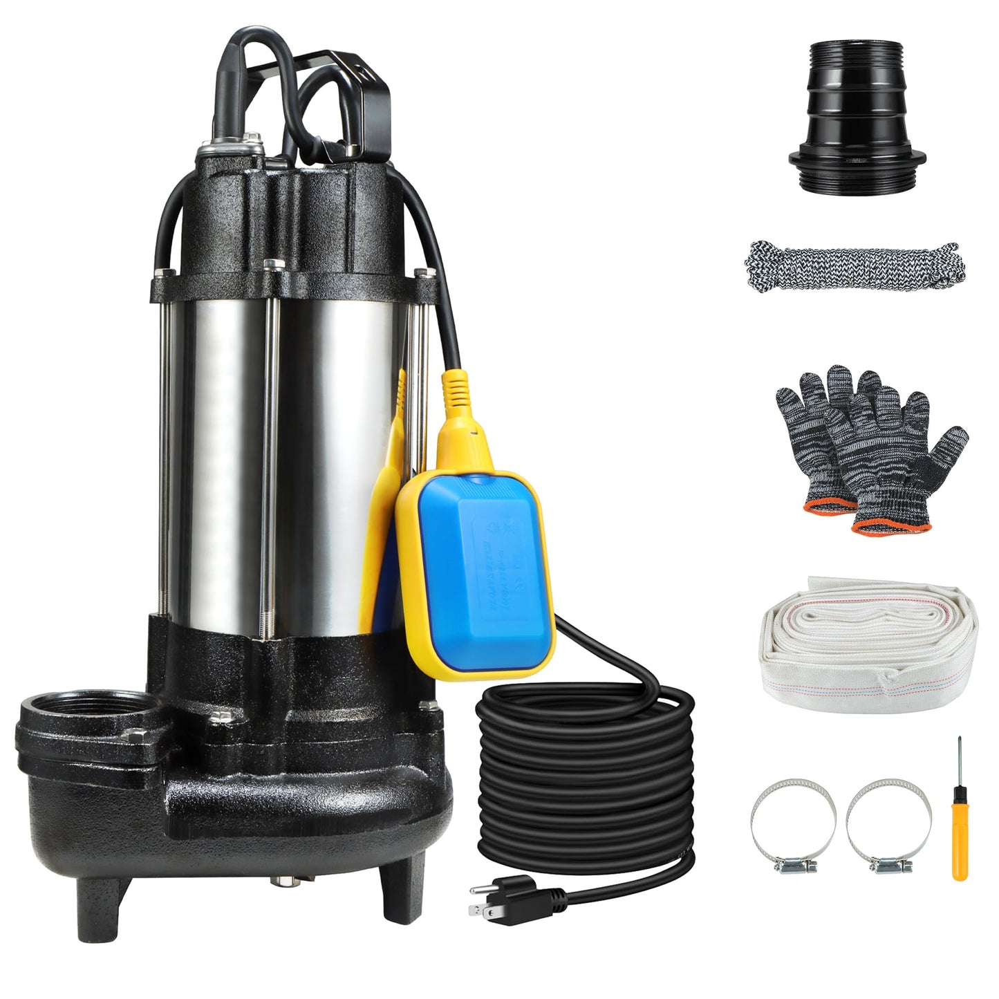 NLIEOPDA 1HP Sewage Grinder Sump Pump, Submersible Effluent Pumps 110V 6400 GPH Auto Float Switch, Cast Iron, 2'' NPT Discharge for Basement, Sump Basin, Residential Sewage