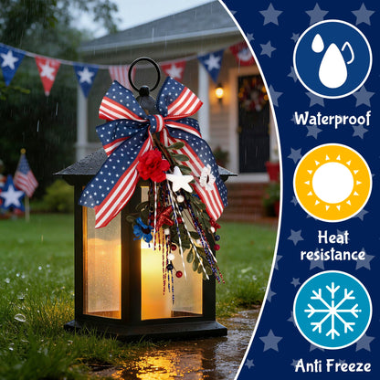 JOHUNT Patriotic Lanterns Decorative Indoor, 14" Black Lantern with Timer Flameless Candle, Battery Operated Waterproof Outdoor Hanging 4th of July Lanterns for Porch, Patio, Patriotic Decorations