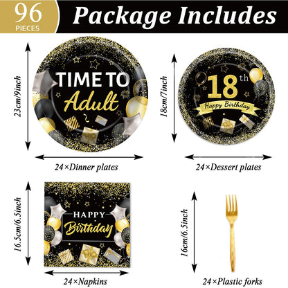 96 Pcs 18th Birthday Party Plates and Napkins Party Supplies Time To Adult 18 Years Old Birthday Party Tableware Set Black Gold 18th Birthday Decorations Favors for Boys Girls for 24 Guests