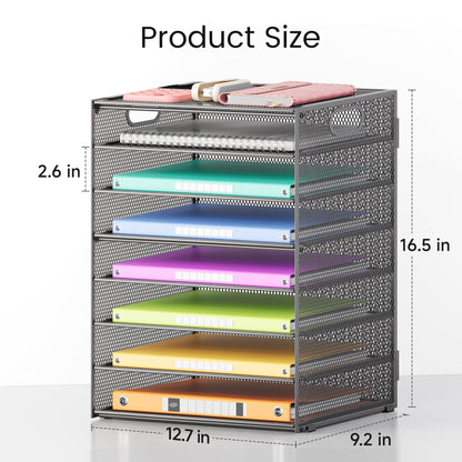 Lavatino 8-Tier Office Desk File Organizer, Letter Tray Paper Organizer with Handle, Including 5 Adjustable Slide Trays for Organizing Desktop Workspace Accessories and Supplies (Grey Metal Mesh)