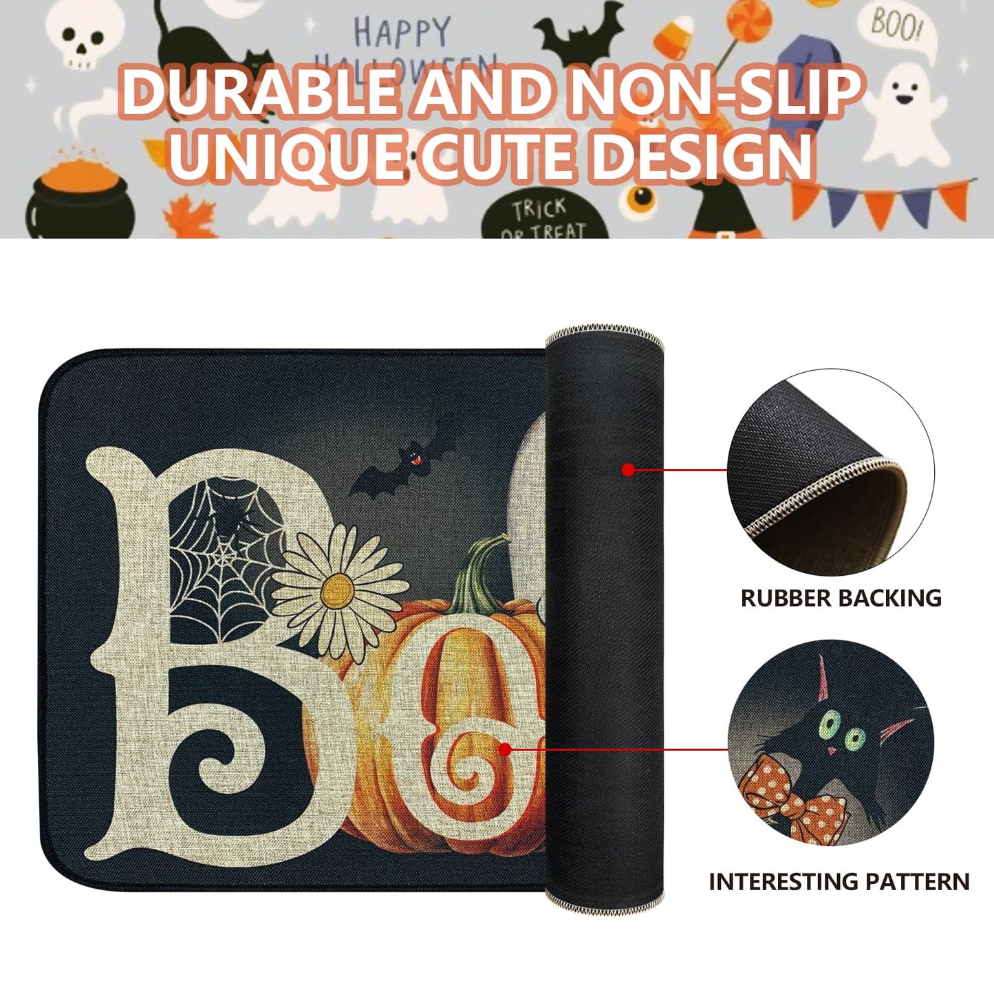 SHIYUE Halloween Kitchen Mat Set of 2, Ghost Pumpkin Boo Kitchen Rugs Farmhouse Modern, Non Skid Rubber Runner Decor Rugs（17x47in+17x30in） Black