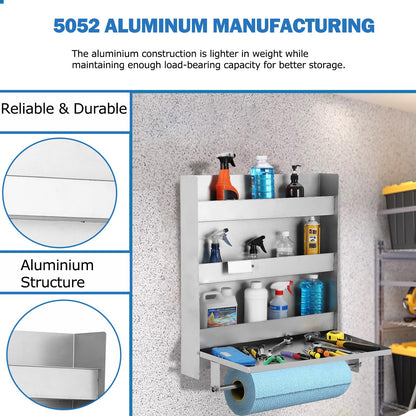 Towallmark 5052 Aluminum Storage Cabinet, 3-Tier Wall-Mounted Tool Cabinet with Flip-Out Work Table & Paper Towel Rack Organizer, Space-Saving Design,Ideal for Garage, Shop, and Trailer Use, Silver