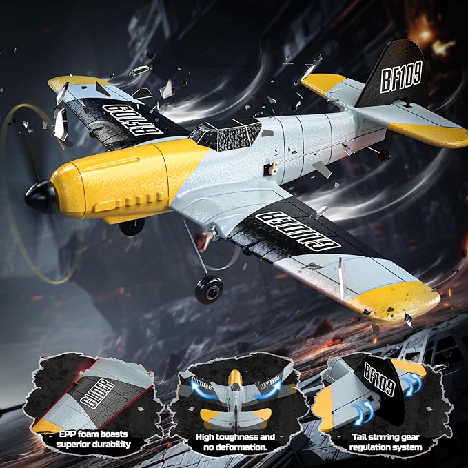 DEERC RC Plane 3 Channel BF-109 Remote Control Airplane Fighter Toys2.4GHz 6-axis Gyro Stabilizer RTF Glider Aircraft Plane with 2 BatteriesEasy to Fly for Adults Kids Beginners Boys