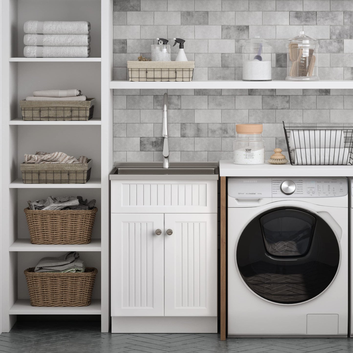 SIMPLIHOME Beckham All-in-One 24 inch Wide Utility Sink and Laundry Cabinet in Pure White Finish, Transitional Stainless Steel Sink Cabinet for Laundry Rooms with High-Arch Brushed Nickel Faucet