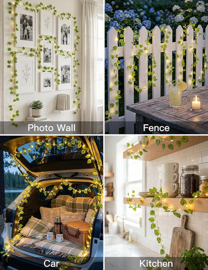 Suddus Vines with Fairy Lights - 33ft 100 LED Watermelon Leaves String Lights | Battery & USB Powered, Remote Control for Indoor Decor