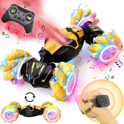 Remote Control Car for Boys 8-12 4WD Gesture Sensing RC Stunt Car 2.4Ghz with Lights Music Sprayer RC Cars for Boys Age 4-7 8-12 Hand-Controlled Cars Toys Birthday Gifts for Kids Girls Yellow