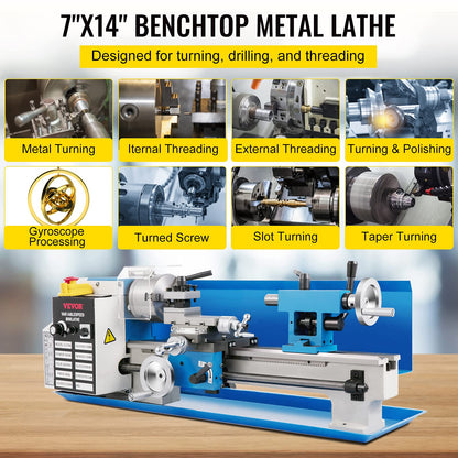 VEVOR Metal Lathe, Upgraded Digital Display 7"x14" Benchtop Metal Lathe 550W Variable Speed 2250RPM with 3-jaw Chuck CNC Mini Lathe Machine Precision Mini Lathe Tool Box for Metal Turning