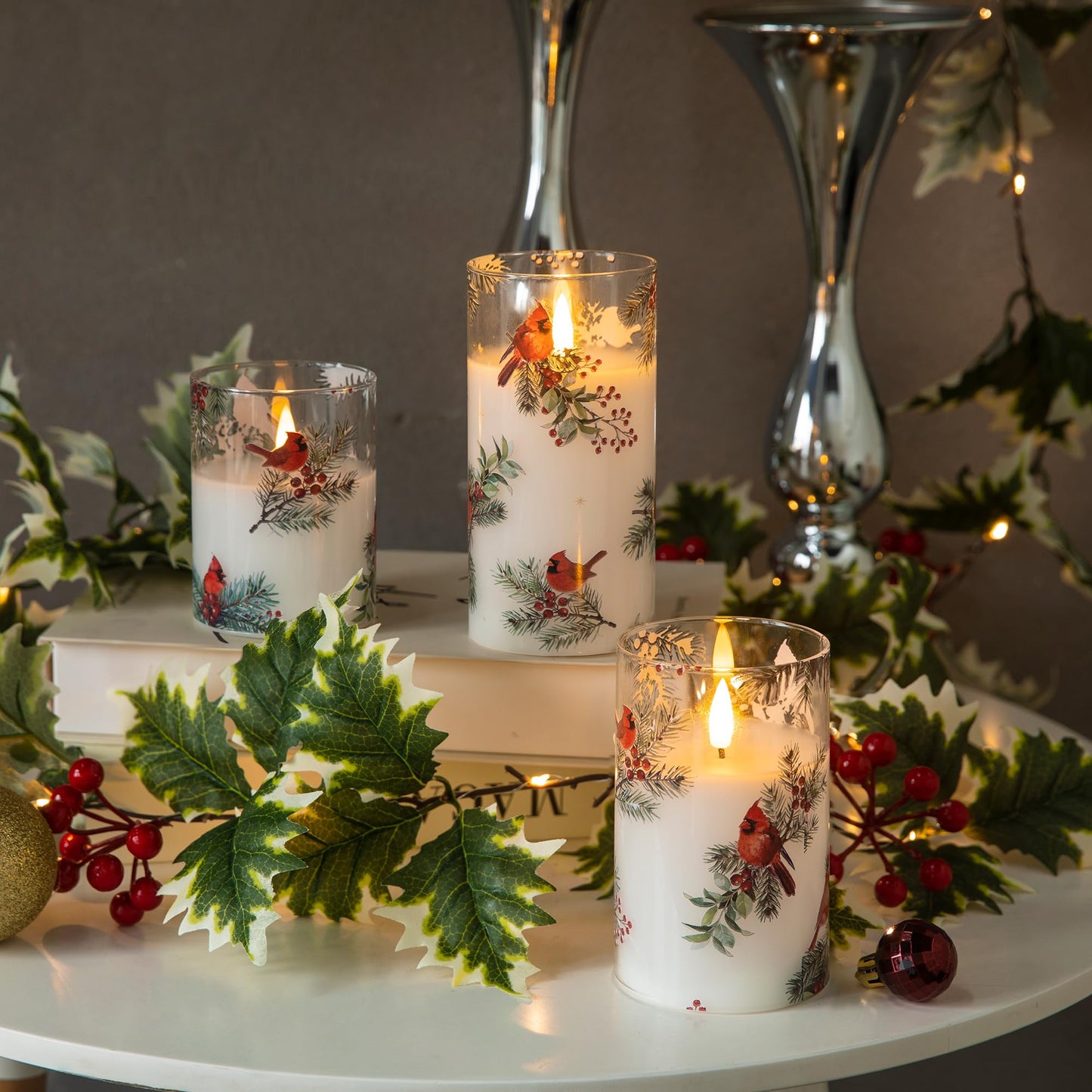 LUSHARBOR LUSHABOR Christmas Flameless Candles, 3 Pack Battery Operated Candles for Christmas Mantel Decor, Glass LED Flickering Candles Home Xmas Party Holiday D3 H4 5" 6", Bird