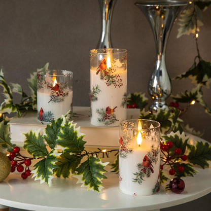 LUSHARBOR LUSHABOR Christmas Flameless Candles, 3 Pack Battery Operated Candles for Christmas Mantel Decor, Glass LED Flickering Candles Home Xmas Party Holiday D3 H4 5" 6", Bird
