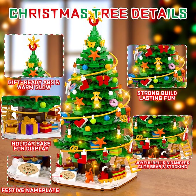 Christmas Tree Building Block Set with Light Kit Building Toy Compatible with Christmas Sets Xmas Tree Holiday Decoration for Kids Ages 8-14 Stocking Stuffer Gift for Boy Girl Adults (661PCS)
