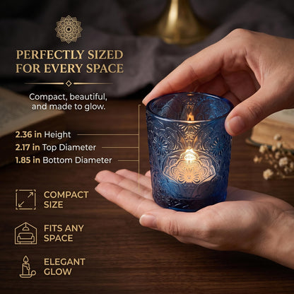 6 Pack Mandala Embossed Glass Candle Holders – Votive Tealight Holders with Patent Design, Decorative Embossed Glass Cups for Wedding Centerpieces, Parties, and Home Décor (Ocean Blue)