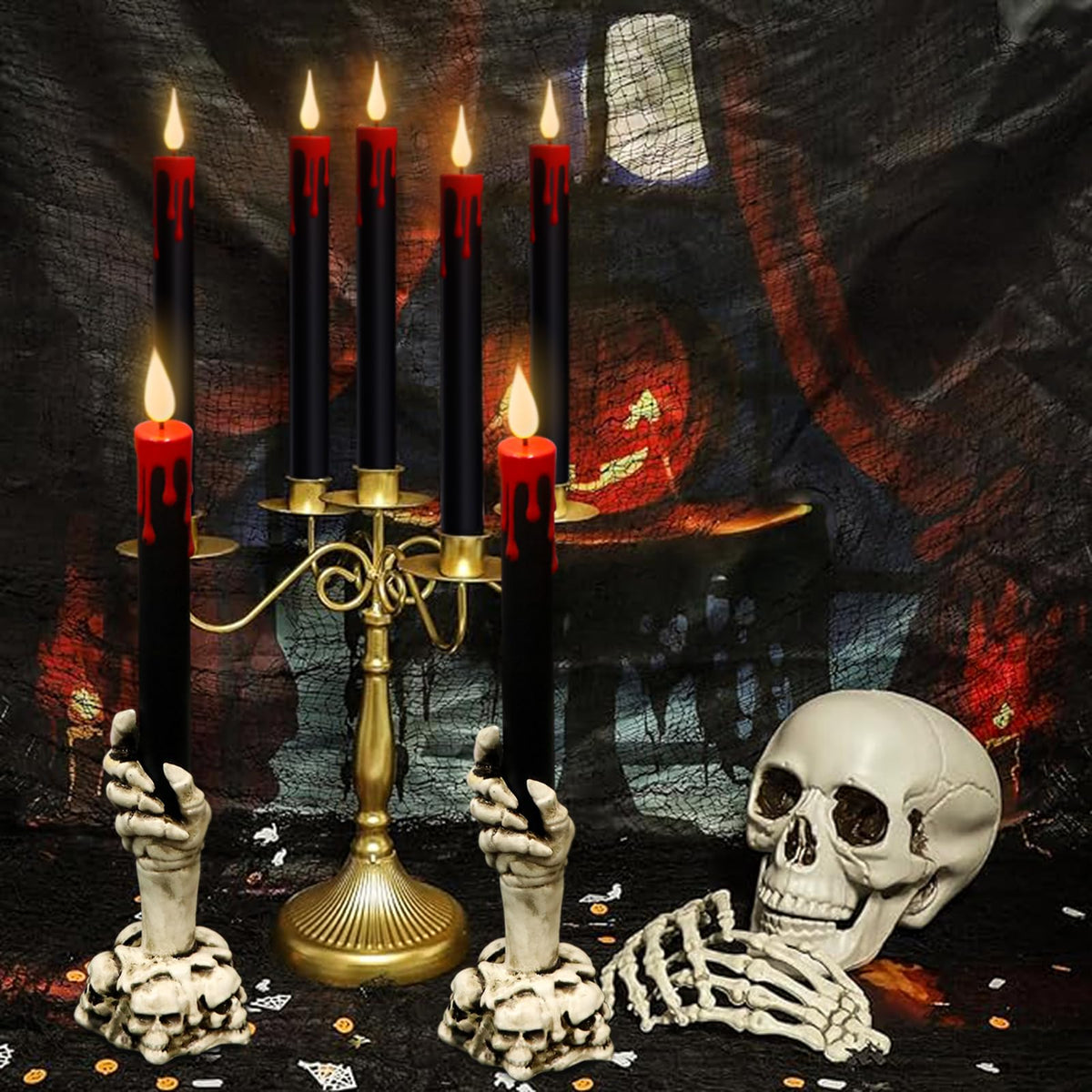 Eldnacele Halloween Flameless Taper Candle Lights Battery Operated with Remote and Timer, 2 Pack Skeleton Hand Holders Black Dripping Wax Effect LED Flickering Candles Home Decor(3” x 12”)