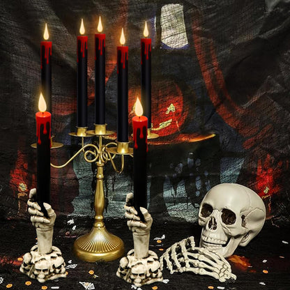 Eldnacele Halloween Flameless Taper Candle Lights Battery Operated with Remote and Timer, 2 Pack Skeleton Hand Holders Black Dripping Wax Effect LED Flickering Candles Home Decor(3” x 12”)