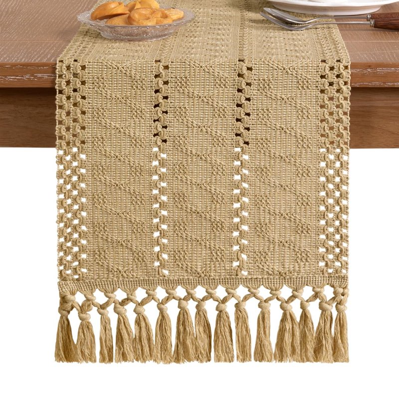 Socomi Boho Table Runner Macrame Summer Farmhouse Woven Cotton Linen Rustic Coffee Table Runner with Tassels for Dresser Scarf Home Decor Dining Room 12x90 inch Champagne