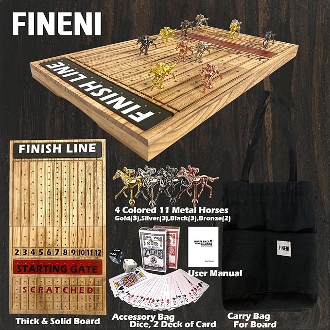 Horse Racing Game for Adults Foldable Horse Race Board Game with 11 Luxurious Metal Horses (Gold Silver Black Bronze) 24” Wood Horse Race Game Board Big Dice 2Card &amp Bag (Log1)