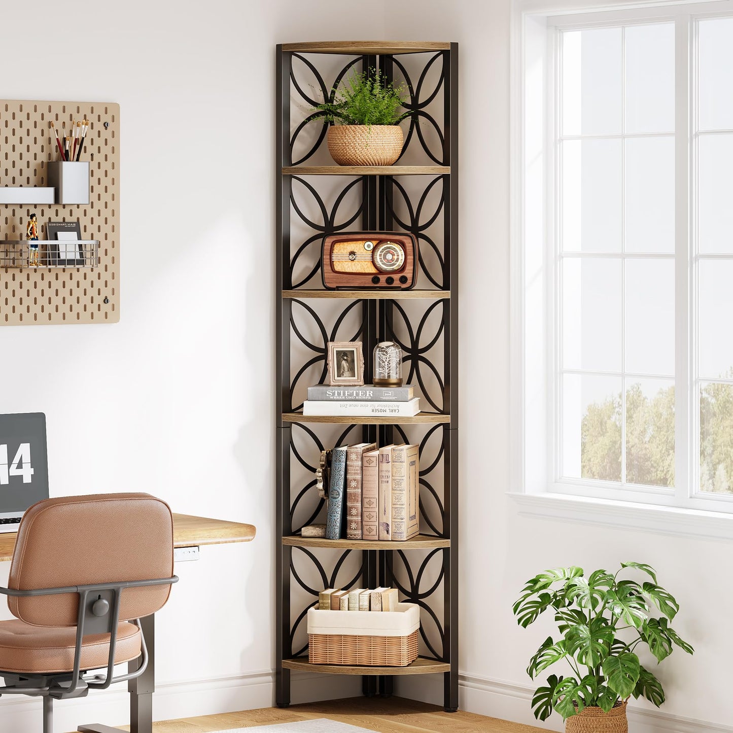 Tribesigns 6-Tier Corner Shelf, Industrial 70.9" Rustic Corner Bookshelf Display Shelf for Living Room, Wooden Shelving Unit Plant Stand Storage Rack for Bedroom, Kitchen, Small Place, Rsutic Brown