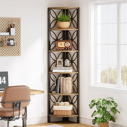 Tribesigns 6-Tier Corner Shelf, Industrial 70.9" Rustic Corner Bookshelf Display Shelf for Living Room, Wooden Shelving Unit Plant Stand Storage Rack for Bedroom, Kitchen, Small Place, Rsutic Brown