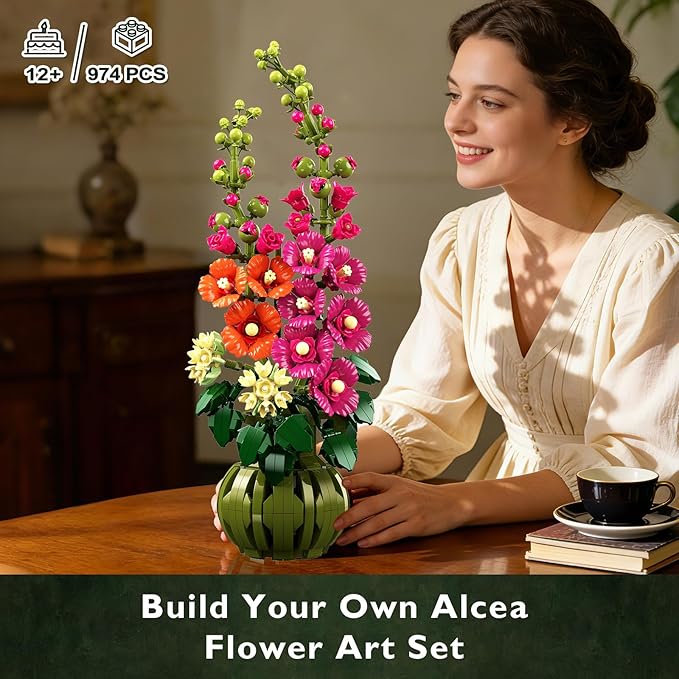 Flowers Botanicals Alcea Rosea Building Set for Adults - Artificial Bonsai Plant for Home Office Décor 974PCS Flower Building Block Indoor Decoration Birthday Easter Gift for Wife Women