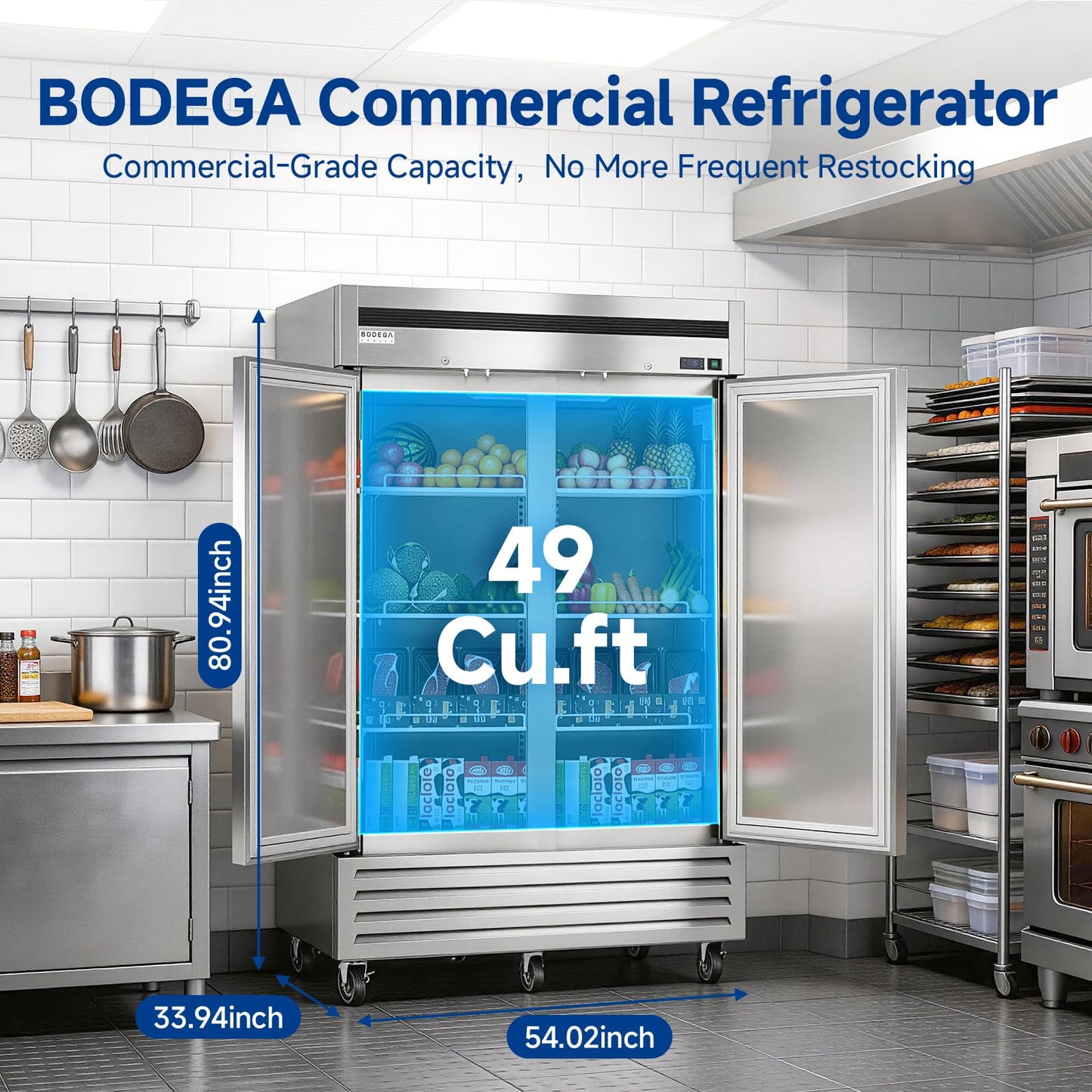 BODEGA BODEGACOOLER 54" W Double Door Commercial Refrigerators, Stainless Steel Solid Door Reach-in Refrigerator, 49 Cu.Ft Large Capacity, 33℉ to 41℉ Temp Range, Auto Defrost, For Restaurant Kitchen