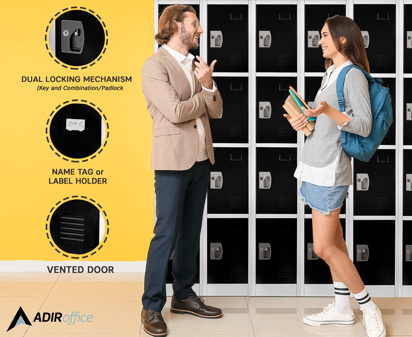 AdirOffice Large School Locker with 4 Doors 4 Hooks Storage Locker for Garage Storage - Office Storage Lockers (4 Door, Black)