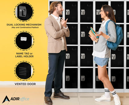AdirOffice Large School Locker with 4 Doors 4 Hooks Storage Locker for Garage Storage - Office Storage Lockers (4 Door, Black)