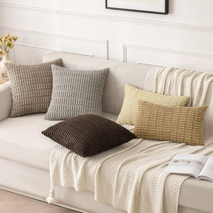 MIULEE Corduroy Throw Pillow Covers - Soft Boho Striped Design | 18x18 Inch Light Brown for Modern Home Decor