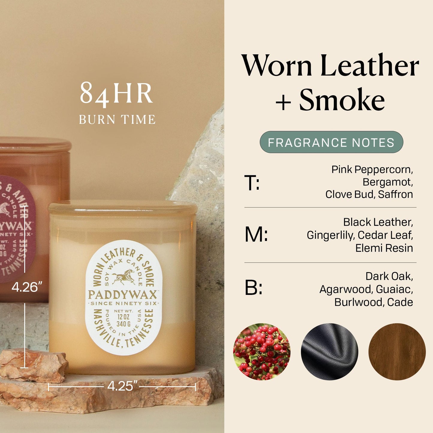 Paddywax Vista Scented Candle with Lid in Reusable Tonal Glass Jar, Clean-Burn 2-Wick Soy Candle with Approx. 84 Hour Burn Time, Decorative Gift Candles for Home, Worn Leather & Smoke, 12 oz