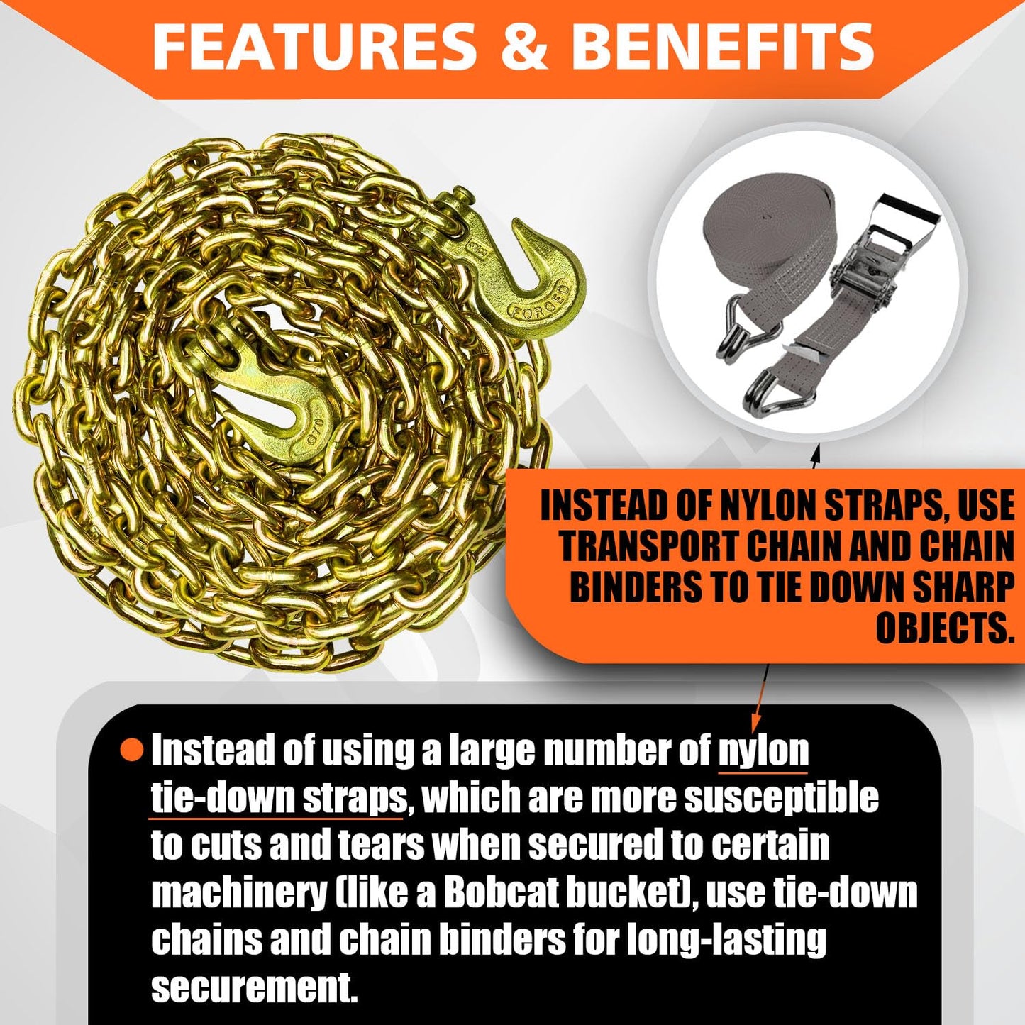 YATOINTO G80 Transport Binder Chain 3/8 Inch x 25 Foot Safety/Binder Chain with Clevis Grab Hooks 7,100 lbs Safe Working Load Logging Chain for Transporting Towing Tie Down Binding Equipment