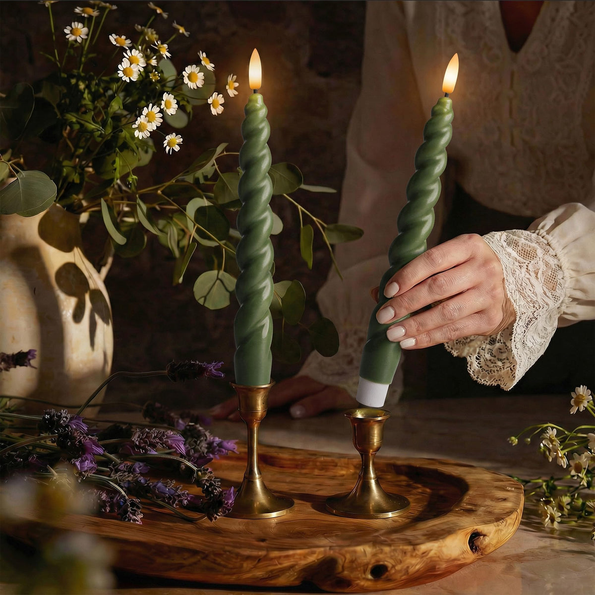 WYZworks 10" Flameless LED Taper Candles – Full Twisted Spiral – Loden Green, Set of 6 – Remote, 2/4/6/8-Hr Timer (24-hr Memory), Bottom On/Off Button, Dimmable, Battery Operated, Flicker/Steady