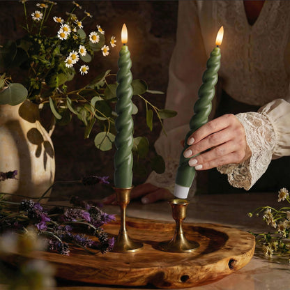WYZworks 10" Flameless LED Taper Candles – Full Twisted Spiral – Loden Green, Set of 6 – Remote, 2/4/6/8-Hr Timer (24-hr Memory), Bottom On/Off Button, Dimmable, Battery Operated, Flicker/Steady