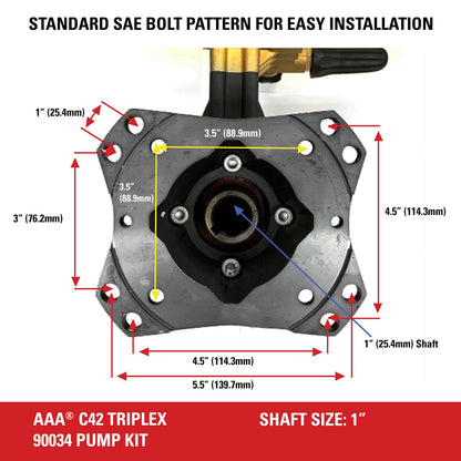 AAA 90034 Horizontal Triplex Plunger Replacement Pressure Washer Pump Kit, 4400 PSI, 4.0 GPM, 1" Shaft, Includes Hardware and Siphon Tube, for Industrial Gas Powered Machines, Black