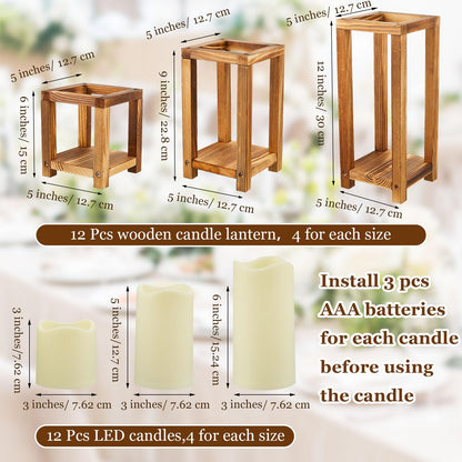 24 Pcs Wooden Candle Lantern Include 12 Wedding Lantern Centerpiece 12 Flameless Decorative Candles Holders Wedding Centerpieces for Tables Party Decor(Brown)