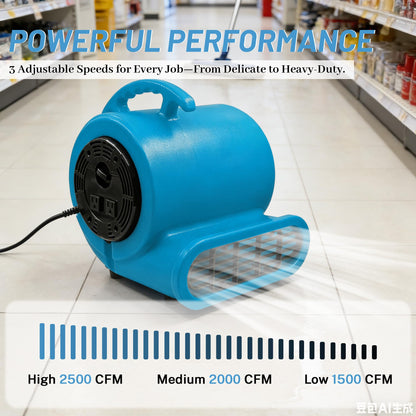 dreamdragon Air Mover Blower Fan 280W 1/2 HP Carpet Dryer Fan 2500 CFM Portable Floor Blower 3-Speed Settings Room Blower for Fast Drying, Cooling & Air Circulation