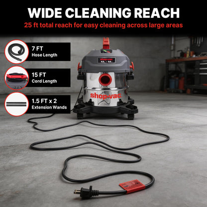 Shop-Vac 5 Gallon Ultra Quiet Shop Vacuum Wet and Dry, 4.5HP Stainless Steel Tank Wet/Dry Vacuum with Attachments, 1-7/8 In. x 7 Ft Hose, 15 Ft Cord, Ideal for Jobsite, Garage, Workshop & Home 5430542