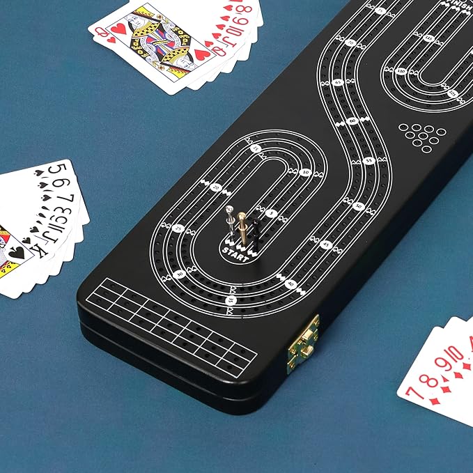 Cribbage Board Game Set 3 Tracks 2 Storage Area with 9 Metal Pegs2 Decks of Playing Cards and Instruction Wooden Travel Portable Cribbage Game Sets