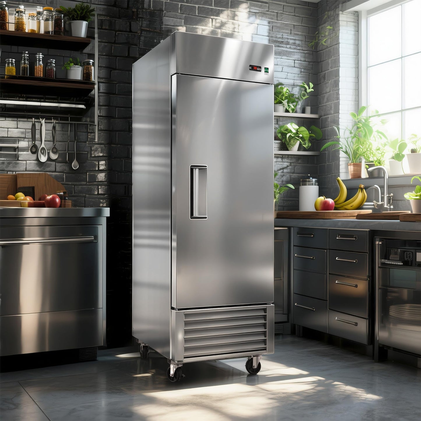 27"W Commercial Freezer,23 Cu.ft Refrigerator with 1 Solid Door Reach-In Freezers Stainless Steel,ETL Approved Upright Freeze Storage w/4 Casters,3 Adjustable Shelves,LED Light,for Restaurant,Silver