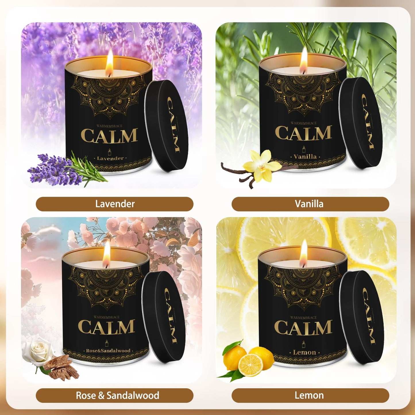 WarmEmbrace Scented Candles, 9 Oz Candle Sets for Home, Office, Meditation, Yoga, Candles for Women & Men, Birthday, Christmas, Valentine's Day Present, Lavender, Vanilla, Rose & Sandalwood, Lemon