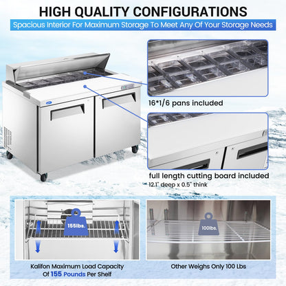 kalifon 60" W 2 Door Refrigerator Sandwich Salad Prep Table Commercial Stainless Steel Fan Cooling Refrigerator with Cutting Board, 2 Shelves & 16 Pans for Restaurant, Bar, Shop-16.4 Cu.ft