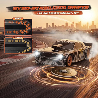 [2026 New Upgrade 1/43 Scale Mini RC Drift Car with Gyroscope Toys for Age 8-14 Old Birthday Gifts Micro Small with Full Proportional RTR 2.4GHz Remote 2 Tire Sets 8 Cones - Camouflage