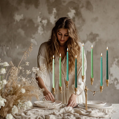 LPUSA Green Spiral Taper Candles Unscented Smokeless Long Tall Tapered Candles for Candlesticks Sticks Wedding Advent Home Decor Dinner Christmas,10 Inch,12 Pack(E-Gradient Green)