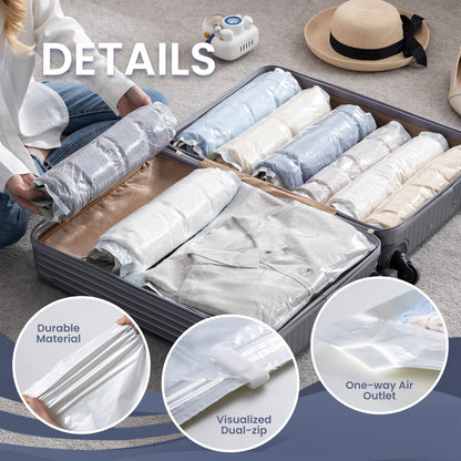 TAILI 12 Pack Travel Compression Bags, Roll Up Space Saver Combo (6 Large, 6 Medium), No Vacuum Needed Reusable Packing Bags for Luggage, Suitcase, Backpack, Travel Essentials
