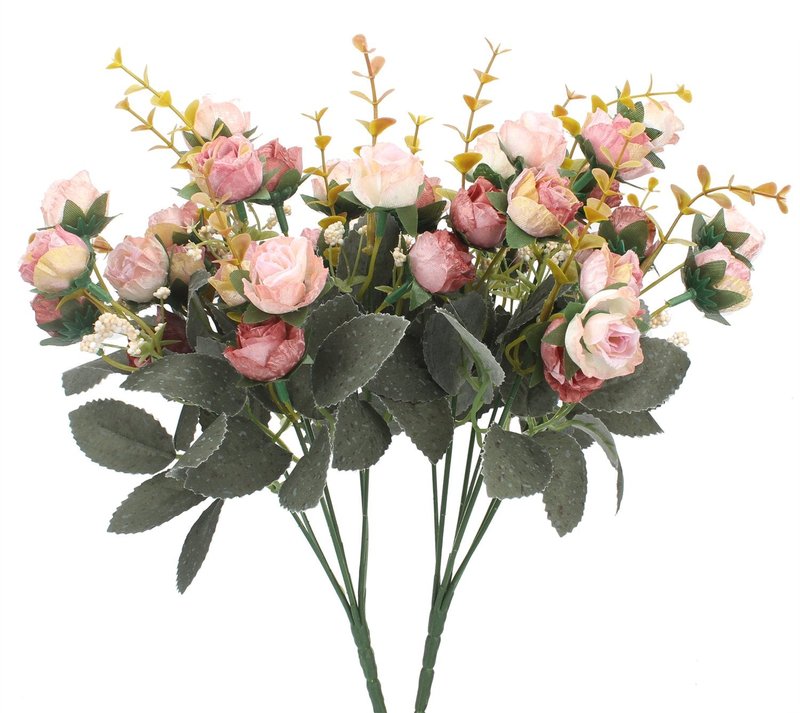 Duovlo 7 Branch 21 Mini Rose Heads Artificial Flowers Bouquet Wedding Home Office Decor,Pack of 2 (2 PCS Pink)