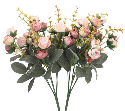 Duovlo 7 Branch 21 Mini Rose Heads Artificial Flowers Bouquet Wedding Home Office Decor,Pack of 2 (2 PCS Pink)