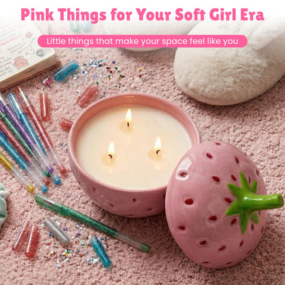 Lily Ladue Strawberry Candle - 5x5.5 3 Wick Scented Candles, 100% Soy Wax, Long Burning Highly Scented Fruity Aromatherapy, Berry Fresh Cute Whimsical Pink Room Decor, Small Strawberry Gifts for Home