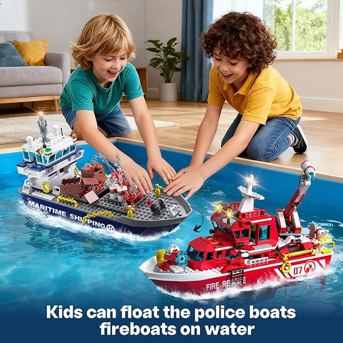 City Floating Boats Building Set Police Boat and Fire Rescue Boat Compatible with Lego Ship City STEM Building Toys Ideal Gift for Kids Boys Girls 6 7 8 9 10 11 12