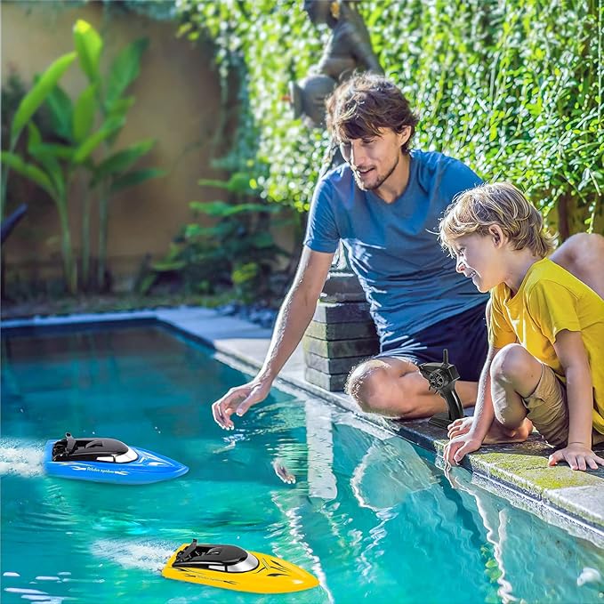 2PACK RC BoatRemote Control Boats for Kids and Adults10km/H 2.4G High Speed Remote Control BoatFast RC Boats for Pools and Lakes with 4 Rechargeable Battery.(Blue+Yellow)