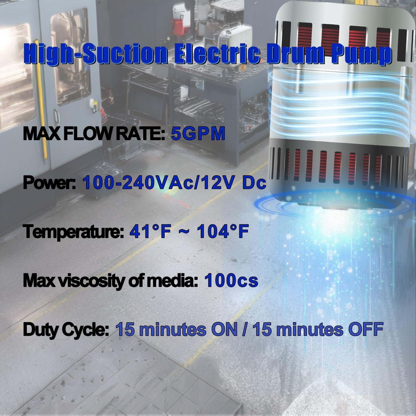 NimRay Electric Drum Pump (120V AC / 12V DC), 5 GPM Flow Fuel Pump, for DEF, Diesel, Water, Antifreeze with a 6.6ft Hose, 2'' Bung Adapter, and 34-49in telescoping Suction Tube for 55-Gallon Barrels.