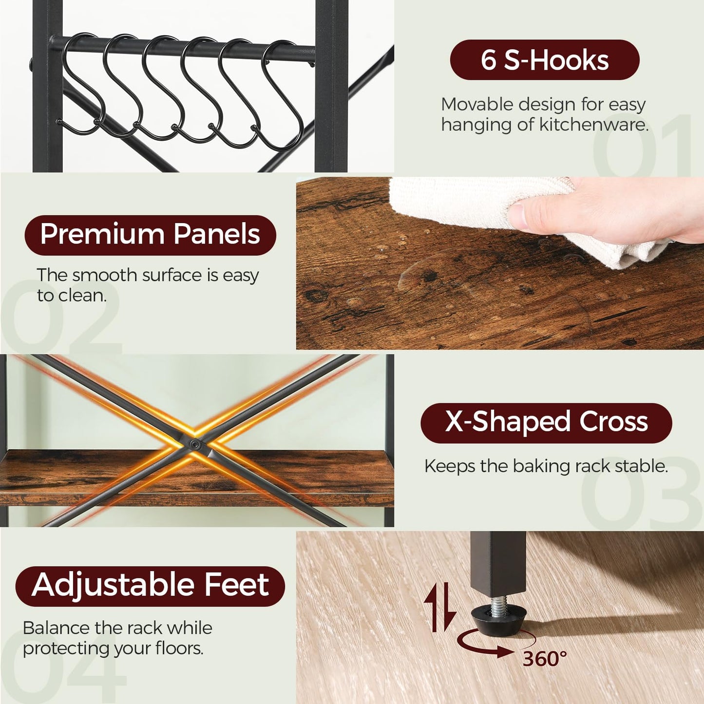 MAHANCRIS Bakers Rack with Power Outlet, Microwave Stand with Adjustable Mesh Rack, Coffee Bar Station, Kitchen Storage Racks with 6 S Hooks, for Kitchen, Dining Room, Rustic Brown and Black BRHR80E01