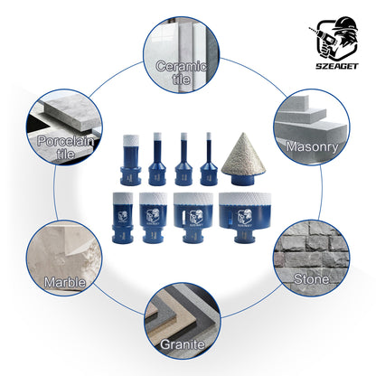 Diamond Tile Hole Saw Kit 9-Piece - SZEAGET Diamond Drill Bits (6/8/10/20/25/35/50/65mm Sizes) + 38mm Diamond Beveling Chamfer Bit for Marble, Granite, Ceramic Tile,10X Longer Life