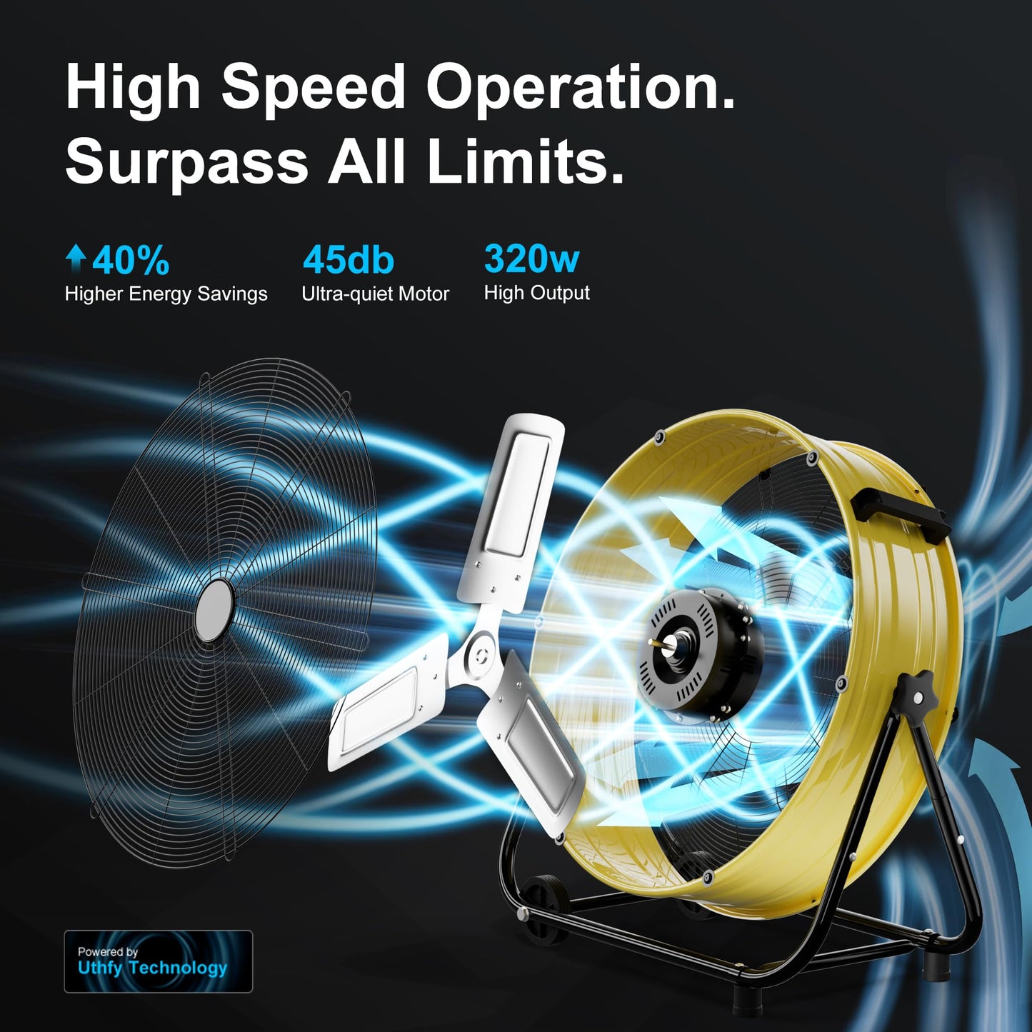 Uthfy 24 Inch High Velocity Industrial Fan, 8800CFM Heavy Duty Floor Drum Fan with 3 Speeds, 360° Tilt Metal Garage Fan with Wheels for Warehouse, Commercial, Workshop, Factory and Gym,Yellow